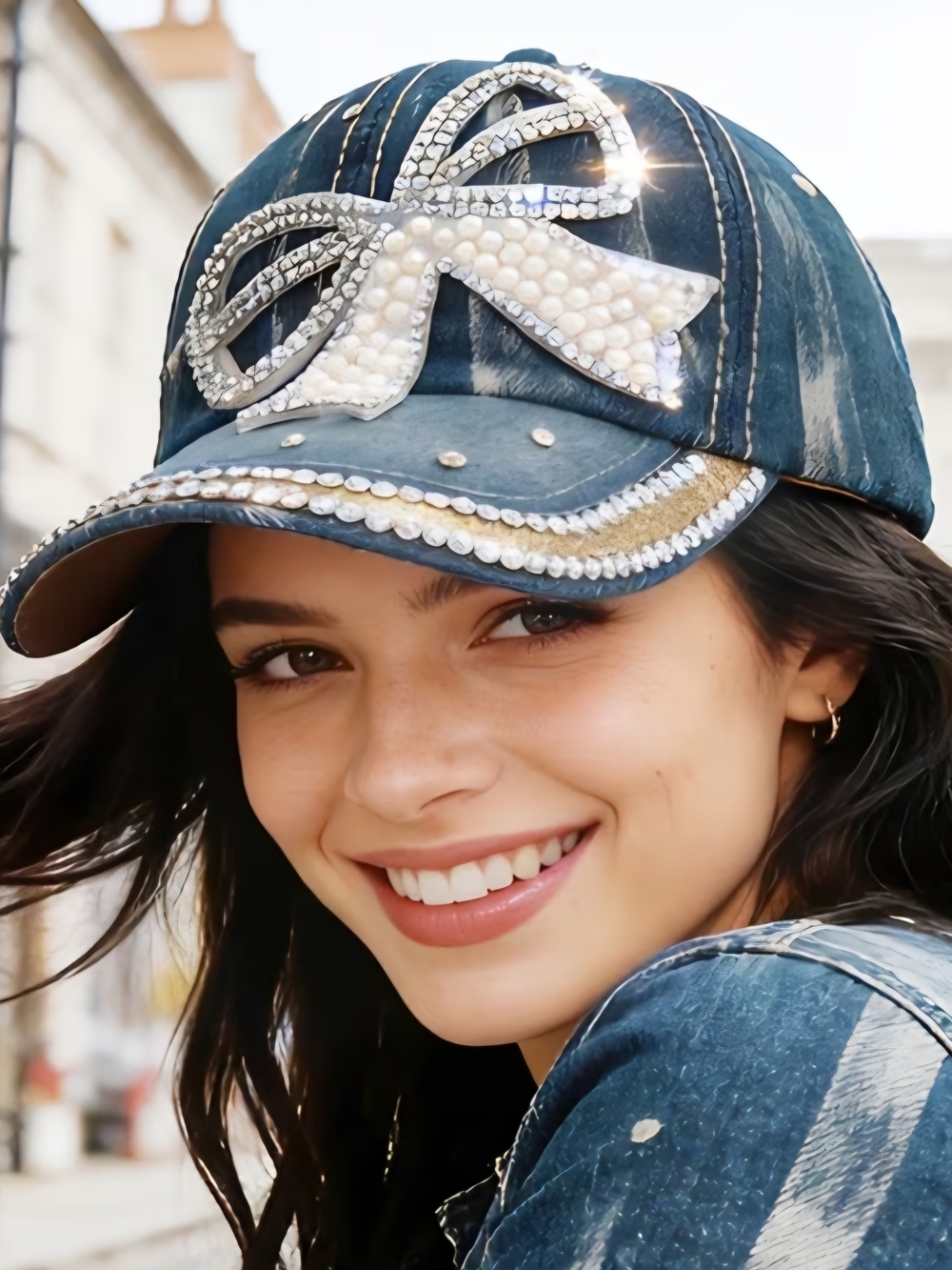 $Crystal Bow Embellished Denim  Cap- In Light Or Medium Blue